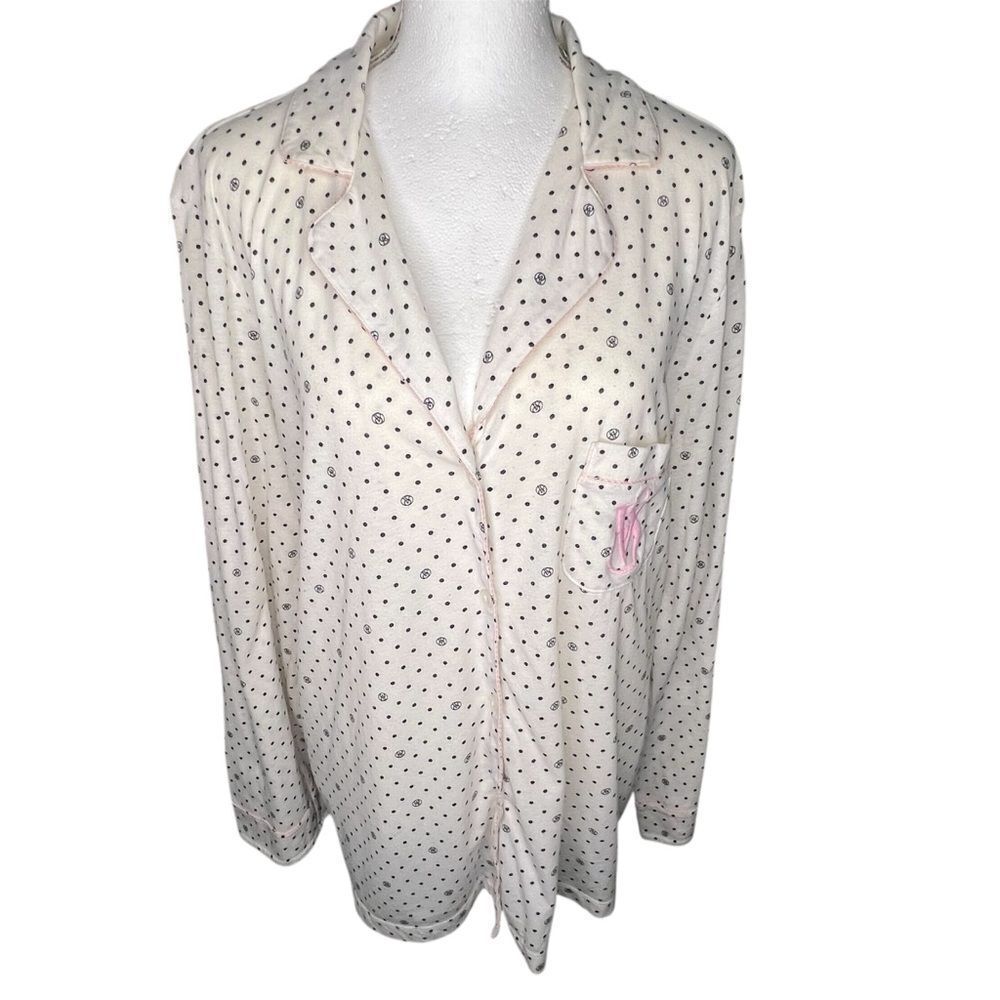 Victorias Secret Sleep Shirt Pajama Top White Pink Polka Dot Logo Women Sz XL